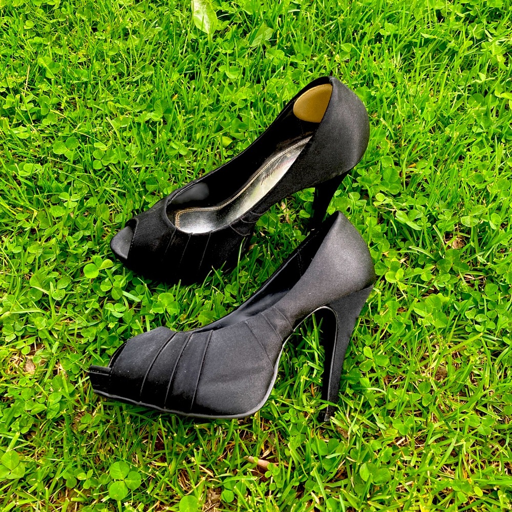 Black satin platform heels